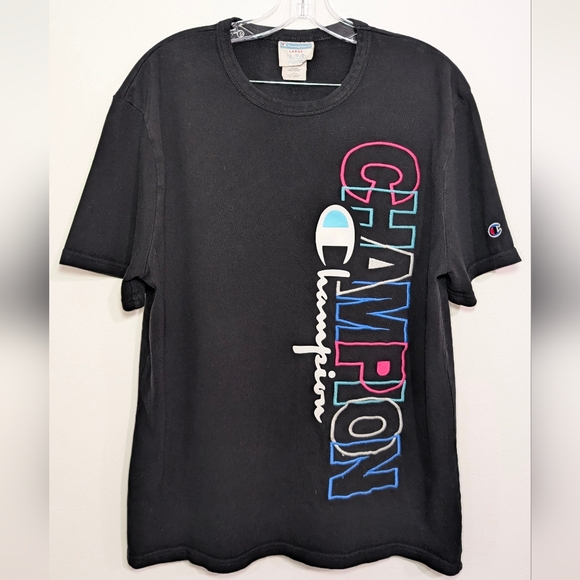 90's Style Champion Black Neon Embroidered Logo T-shirt Unisex Large 100% Cotton - Picture 3 of 11